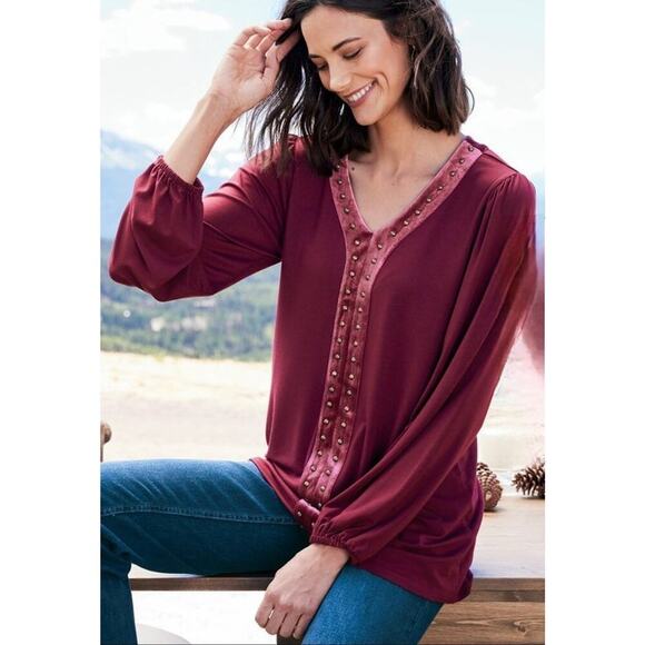 SOFT SURROUNDINGS Adornment Tunic Medium Red With Velvet Neckline Embellished - Picture 2 of 8